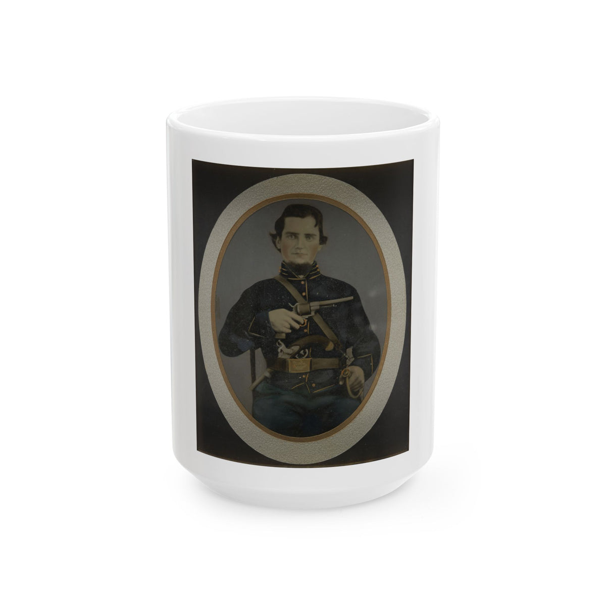 Private Silas York Of Co. F, 5th Illinois Cavalry Regiment, With Single Shot Percussion Pistol, Lefaucheux Revolver, And Sword (U.S. Civil War) White Coffee Mug