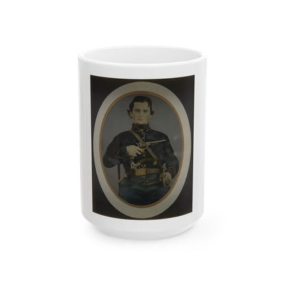 Private Silas York Of Co. F, 5th Illinois Cavalry Regiment, With Single Shot Percussion Pistol, Lefaucheux Revolver, And Sword (U.S. Civil War) White Coffee Mug