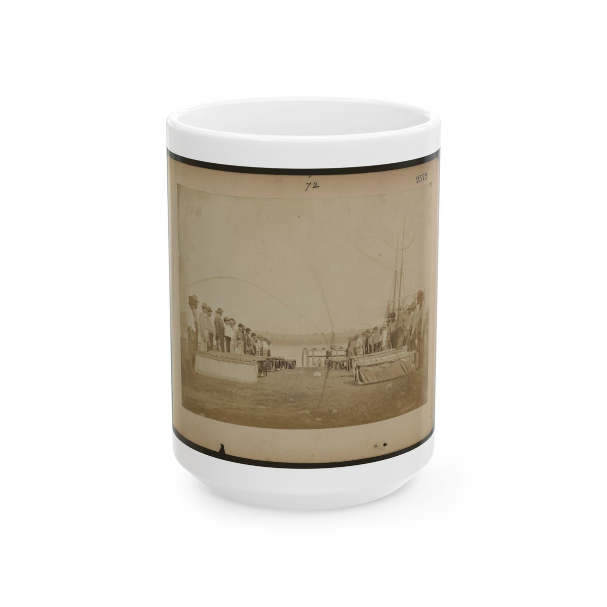 Military Construction In Northern Virginia  Men Standing On The Potomac River Bank With Assembled Blanket Boats (U.S. Civil War) White Coffee Mug