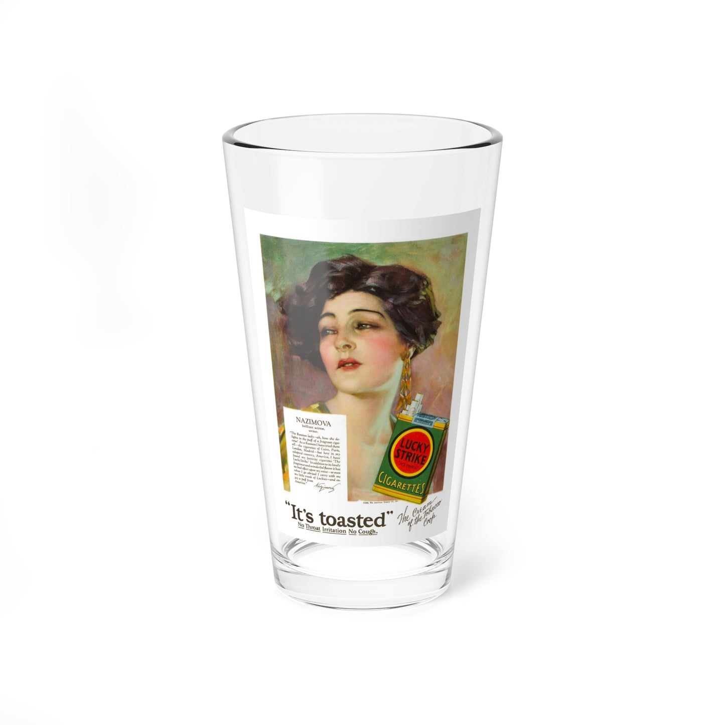 Nazimova, Lucky Strike ad on the back cover of Motion Picture, June 1928 (Magazine Illustration) Pint Glass 16oz