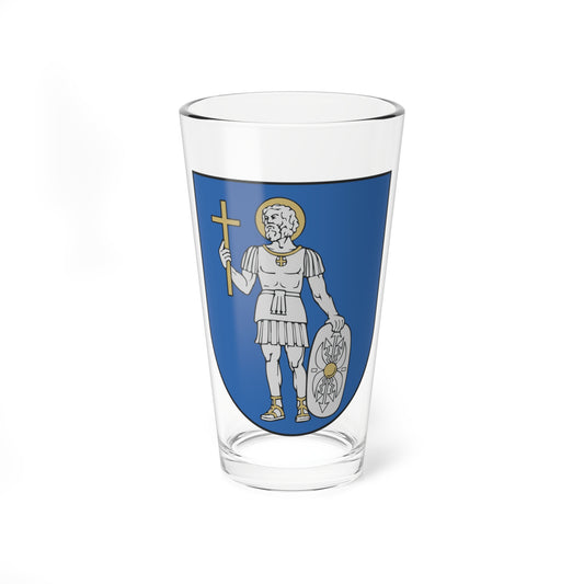 Grey bearded saint with a gold halo and cross staff, beside an armoured warrior, on a blue heraldic shield.