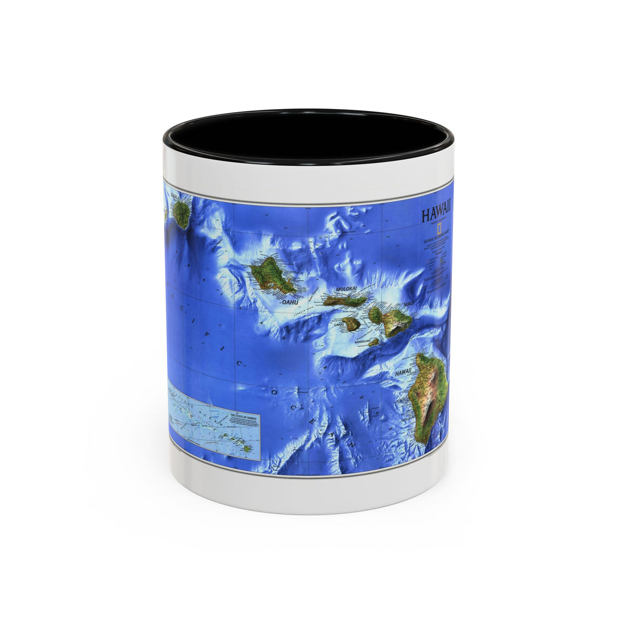 Shaded relief map of the Hawaiian Islands in deep blue Pacific water, with green volcanic peaks and a state inset.