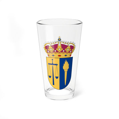 Gold and blue split heraldic shield with balance scales, a torch and a jewelled crown above.