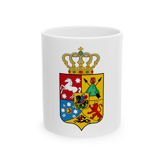 Heraldic coat of arms beneath a jeweled crown, with a white horse, red lion, St George slaying a dragon, and stars.