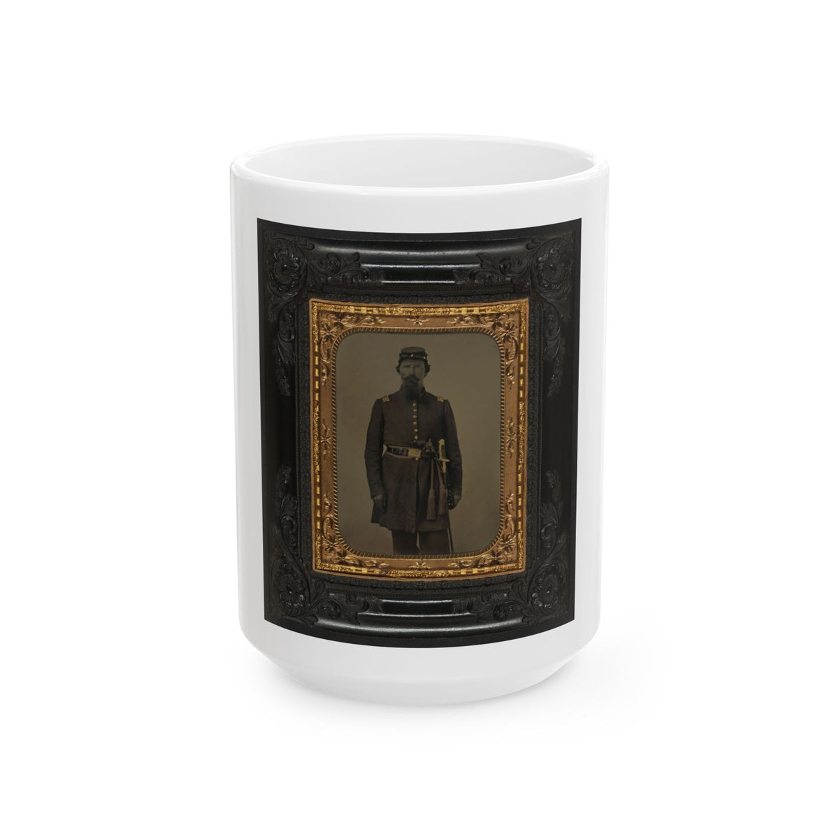 Unidentified Soldier In Union Captain's Frock Coat And Officer's Sash With Sheathed Sword And Revolver (U.S. Civil War) White Coffee Mug