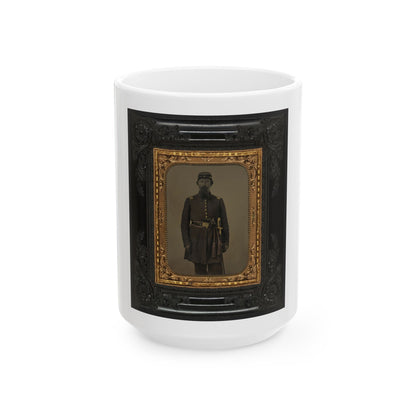 Unidentified Soldier In Union Captain's Frock Coat And Officer's Sash With Sheathed Sword And Revolver (U.S. Civil War) White Coffee Mug