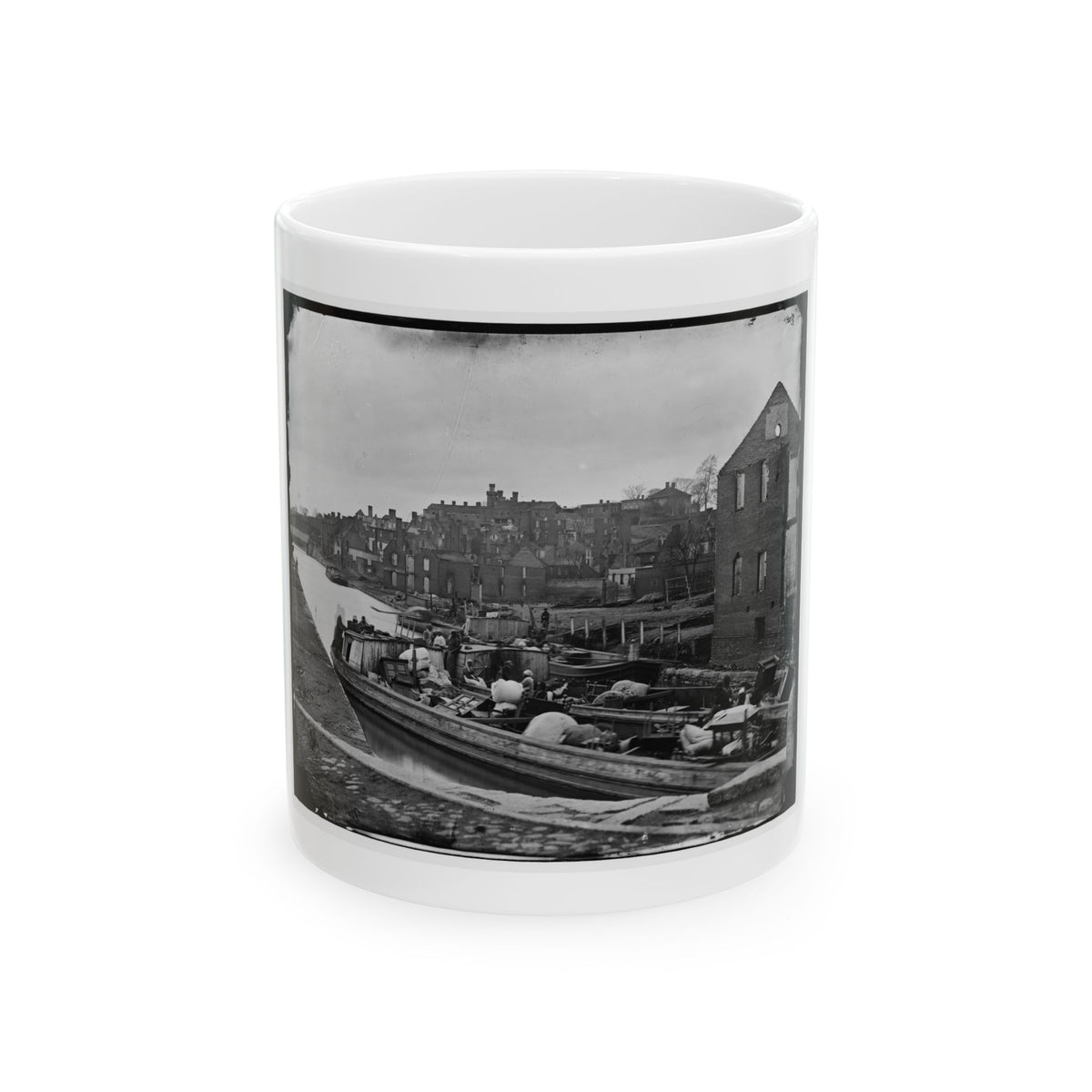 Richmond, Va. Barges With African Americans On The Canal; Ruined Buildings Beyond (U.S. Civil War) White Coffee Mug