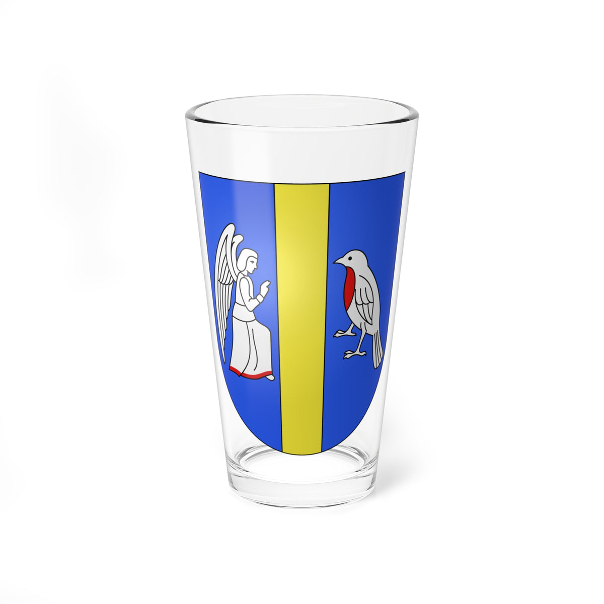 Blue heraldic shield with a yellow vertical band, a white kneeling angel on the left and a white bird on the right.