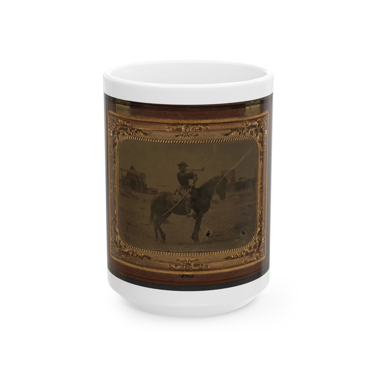 Unidentified Soldier In Union Uniform Atop Horse Blowing Bugle While Unsheathing Sword (U.S. Civil War) White Coffee Mug