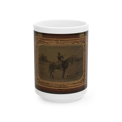 Unidentified Soldier In Union Uniform Atop Horse Blowing Bugle While Unsheathing Sword (U.S. Civil War) White Coffee Mug