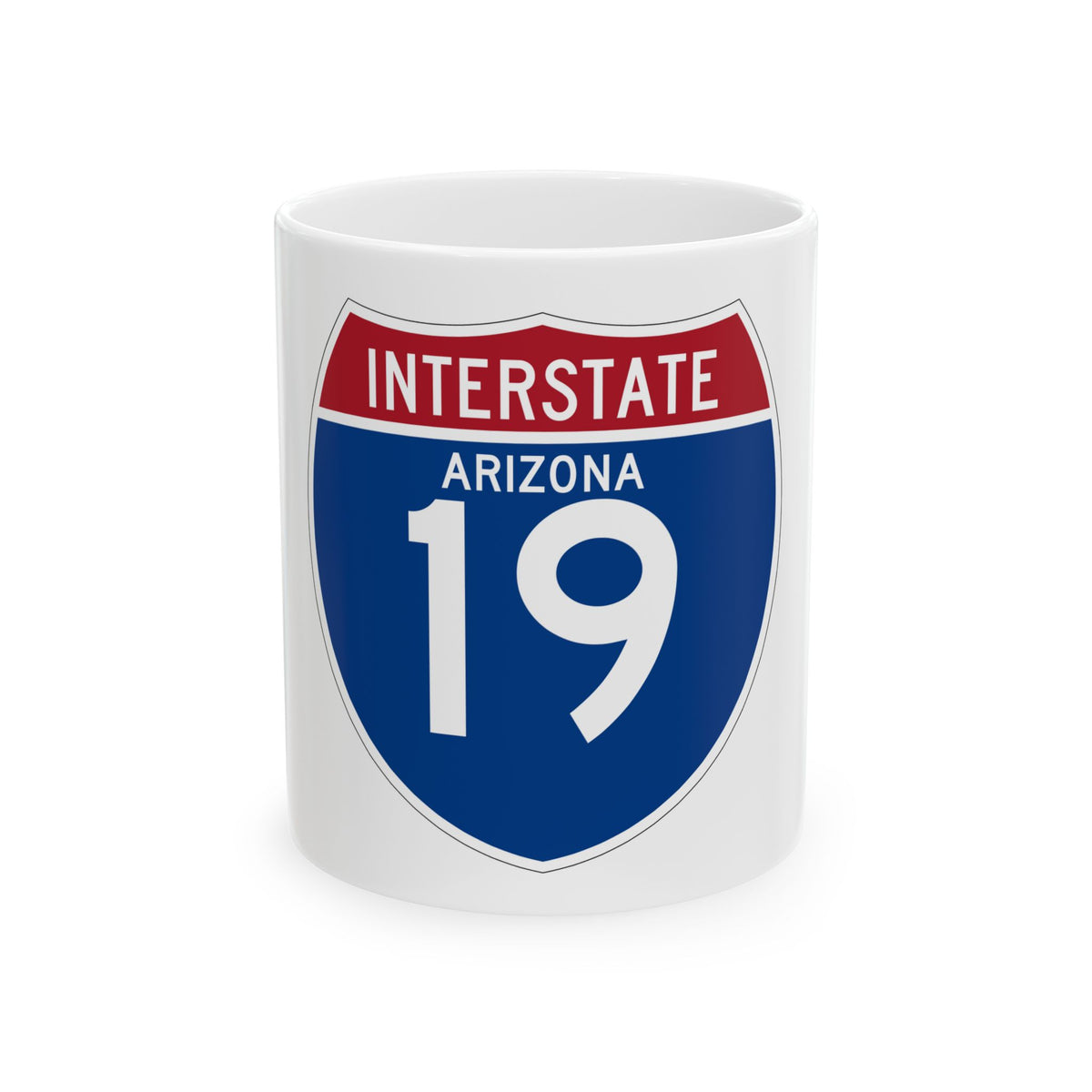 Navy and crimson Interstate 19 highway shield with INTERSTATE and ARIZONA lettering above a white route number.