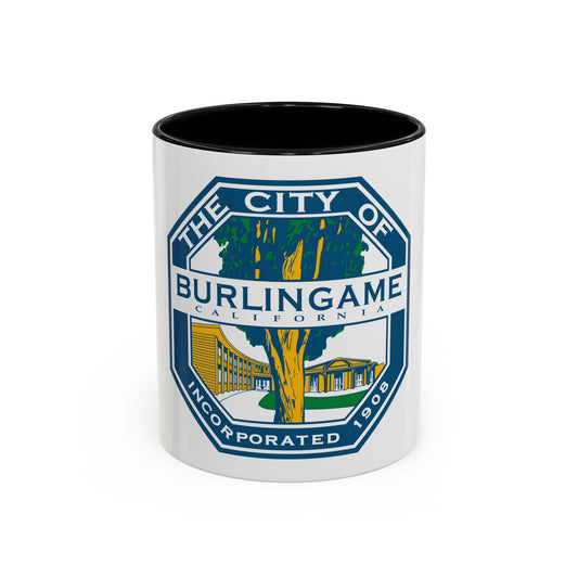 Octagonal civic seal of Burlingame, California, with a large tree before two municipal buildings in blue and gold.