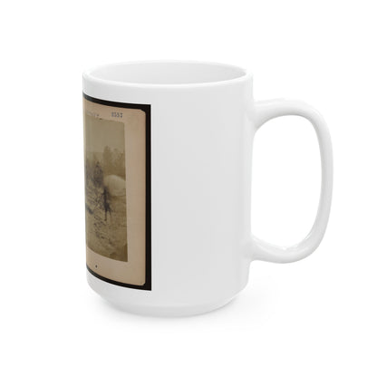 Military Railroad Operations In Northern Virginia  Man Standing On Railroad Tracks Holding Twisted Rail (U.S. Civil War) White Coffee Mug
