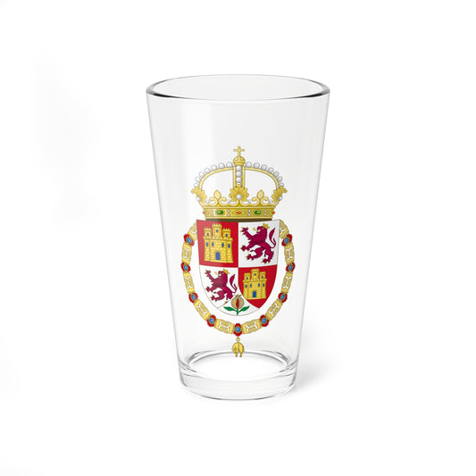 Heraldic coat of arms with a pearled crown and gold collar chain, showing castles, rampant lions and a pomegranate.