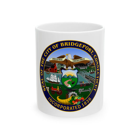 Circular navy and gold seal of Bridgeport, Connecticut, with an eagle, sailing ship, locomotive and cornucopia.