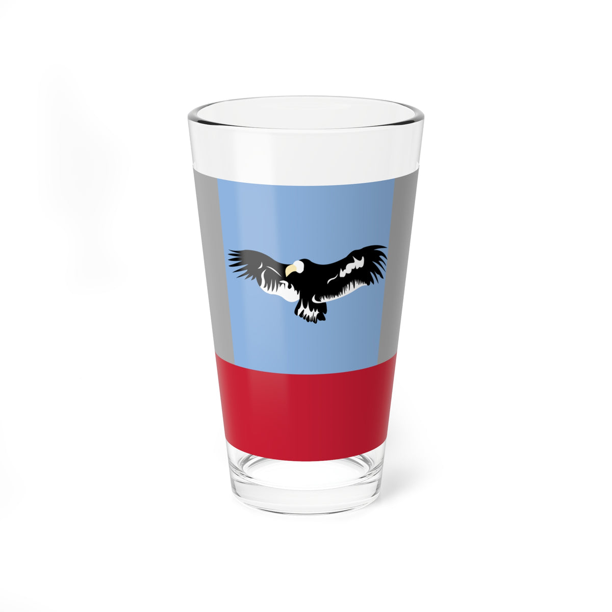 Stylized black eagle with white wing accents in flight on a light blue and grey panel above a red base.