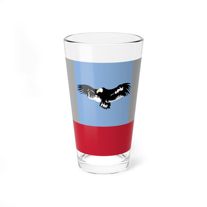 Stylized black eagle with white wing accents in flight on a light blue and grey panel above a red base.
