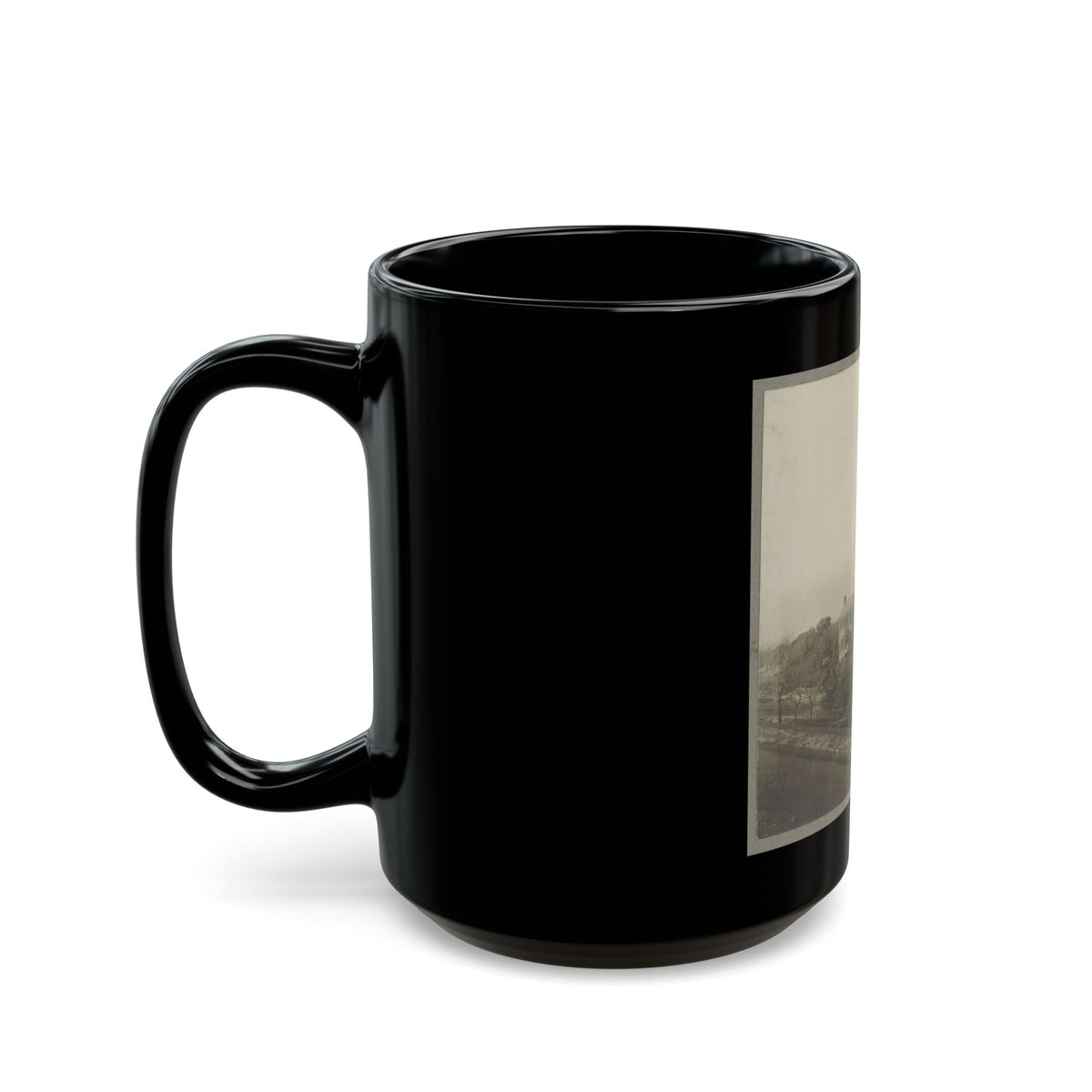 An Aerial View Of A House, Tents, And Other Buildings Partly Obscured By Trees (U.S. Civil War) Black Coffee Mug