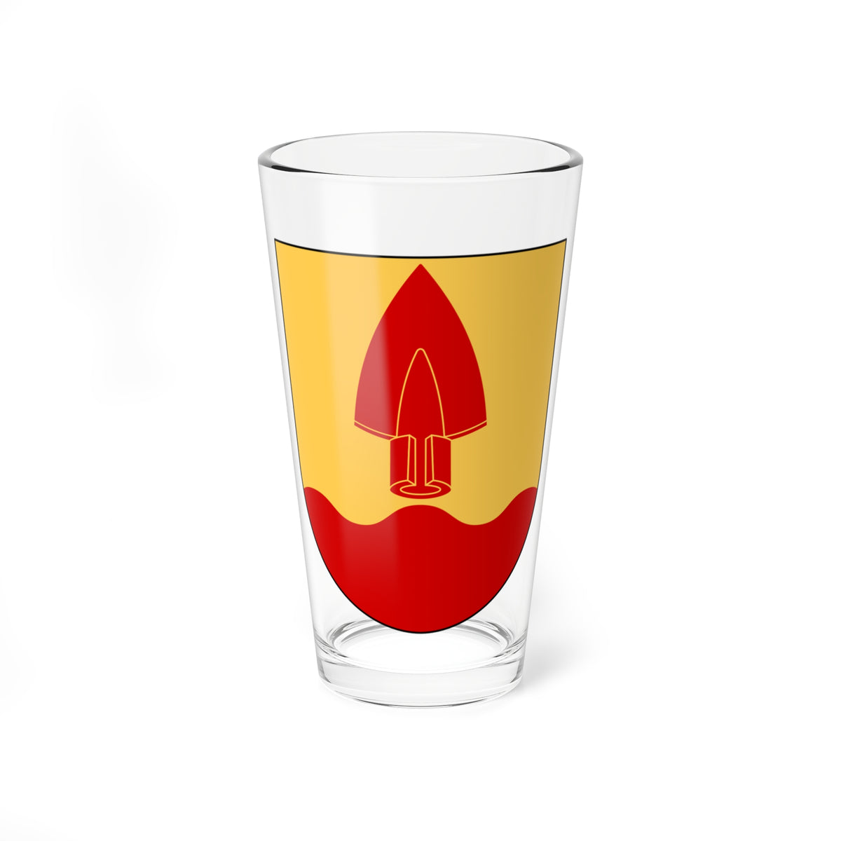 Large red spearhead pointing upward on a gold heraldic shield with a wavy red base, in flat vector style.