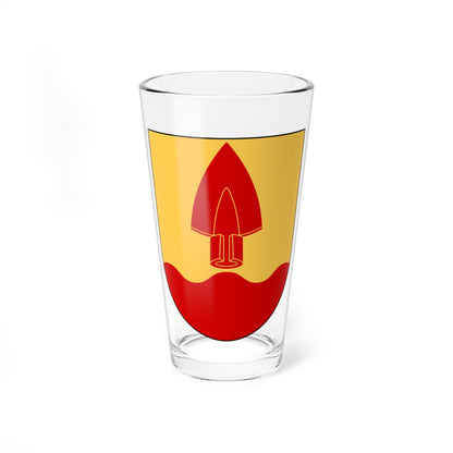 Large red spearhead pointing upward on a gold heraldic shield with a wavy red base, in flat vector style.
