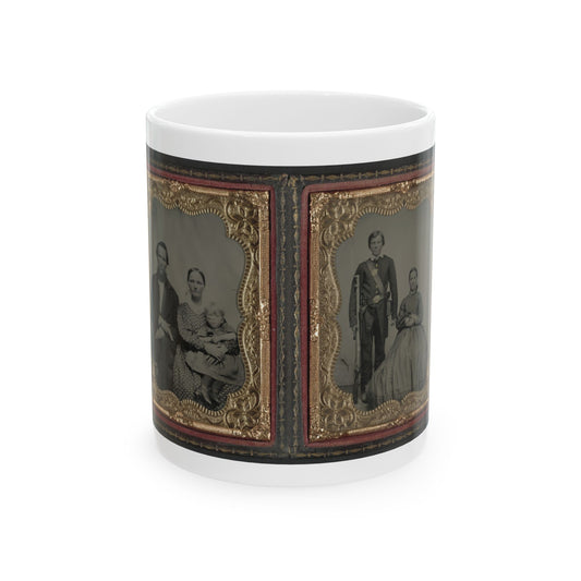 Sepia two-panel tintype in a gilt case showing a seated family and a young rifleman beside a woman.
