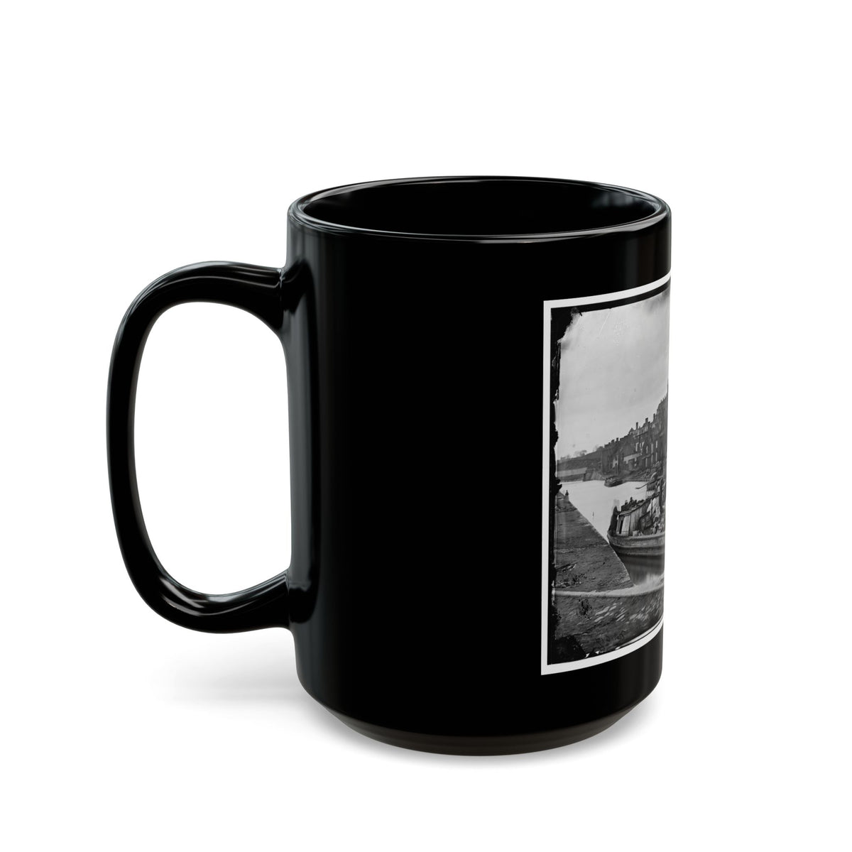 Richmond, Va. Barges With African Americans On The Canal; Ruined Buildings Beyond (U.S. Civil War) Black Coffee Mug