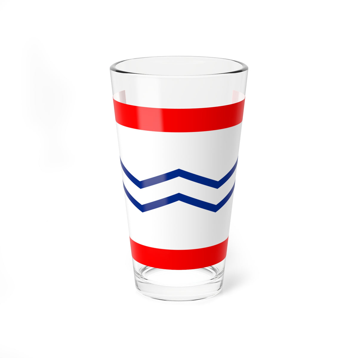 Two red horizontal bands frame a white field crossed by two navy blue zigzag lines, in flat vector style.