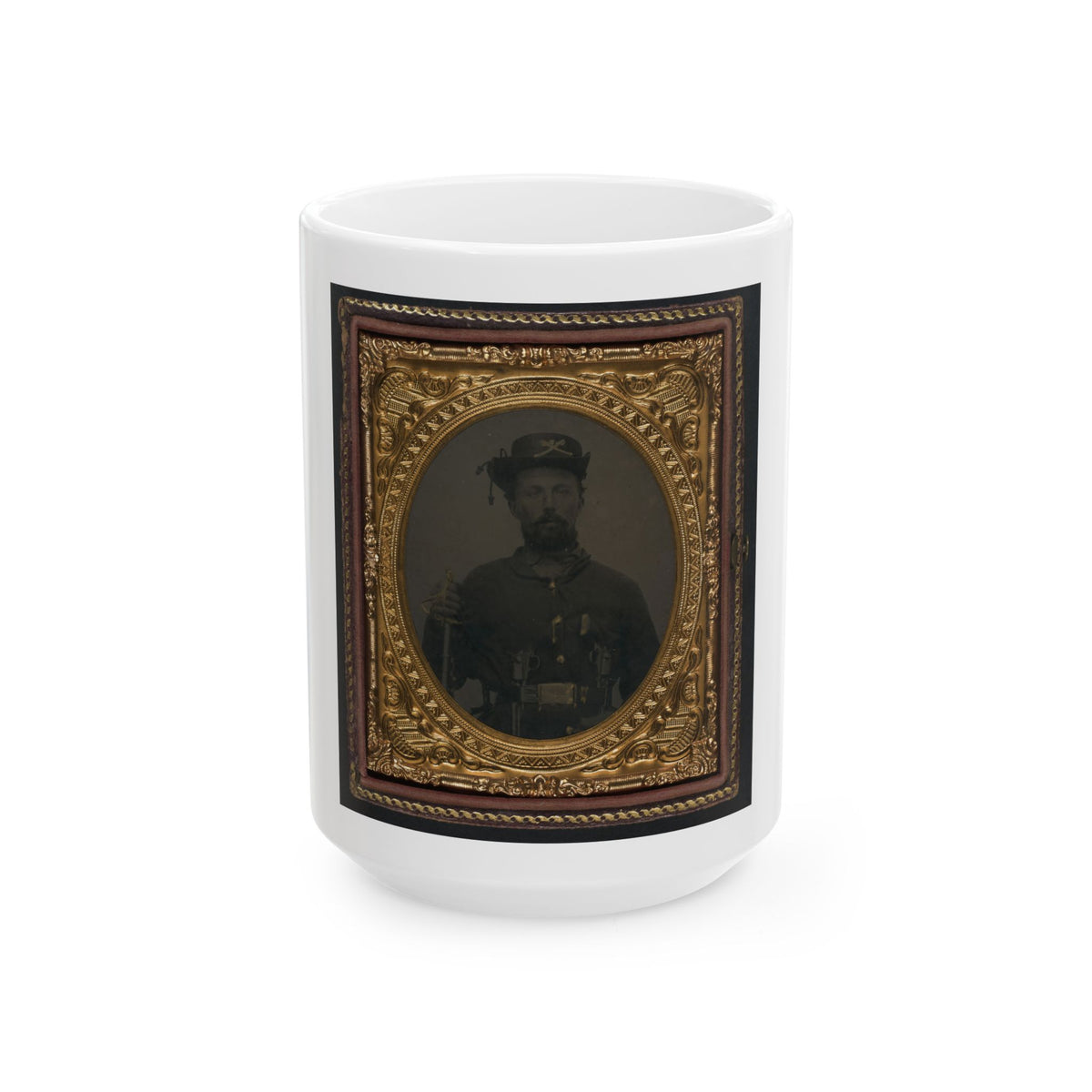 Unidentified Soldier In Union Cavalry Uniform And Hardee Hat With Cavalry Saber And Dual Revolvers (U.S. Civil War) White Coffee Mug
