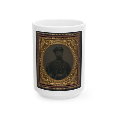 Unidentified Soldier In Union Cavalry Uniform And Hardee Hat With Cavalry Saber And Dual Revolvers (U.S. Civil War) White Coffee Mug