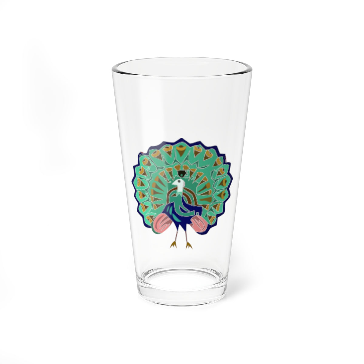 Stylised green peacock with a fanned tail of gold and brown eye-spot feathers on a navy outline.