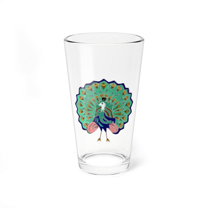 Stylised green peacock with a fanned tail of gold and brown eye-spot feathers on a navy outline.