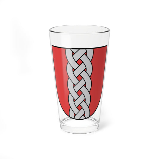 Red shield with a vertical silver braid running down its centre, interlaced with small red diamonds.
