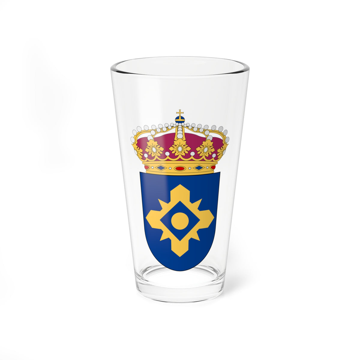 Blue heraldic shield with a large gold star-cross emblem and central disc, topped by a gold crown set with pearls.