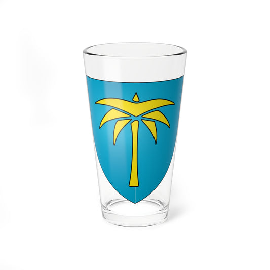 Cyan blue heraldic shield centred with a stylised yellow palm tree and broad fronds in flat vector style.