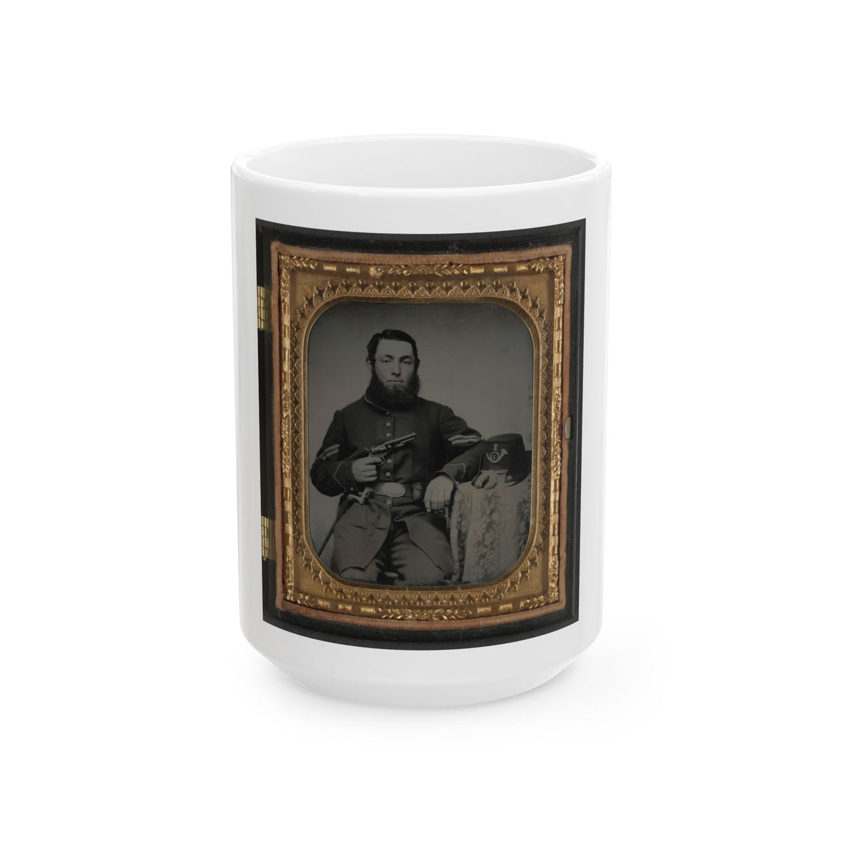 Unidentified Soldier In Union Corporal's Uniform With Revolver, Bayonet, And Hat Havelock Combination (U.S. Civil War) White Coffee Mug