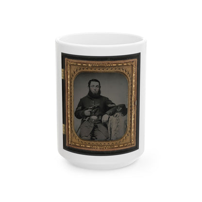 Unidentified Soldier In Union Corporal's Uniform With Revolver, Bayonet, And Hat Havelock Combination (U.S. Civil War) White Coffee Mug