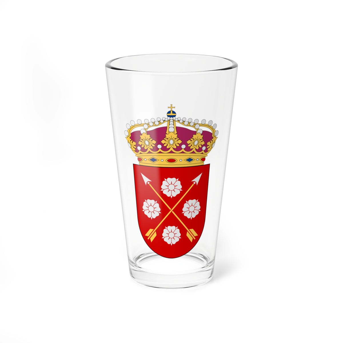 Red heraldic shield with four white roses and crossed gold arrows, topped by a gold crown set with pearls.
