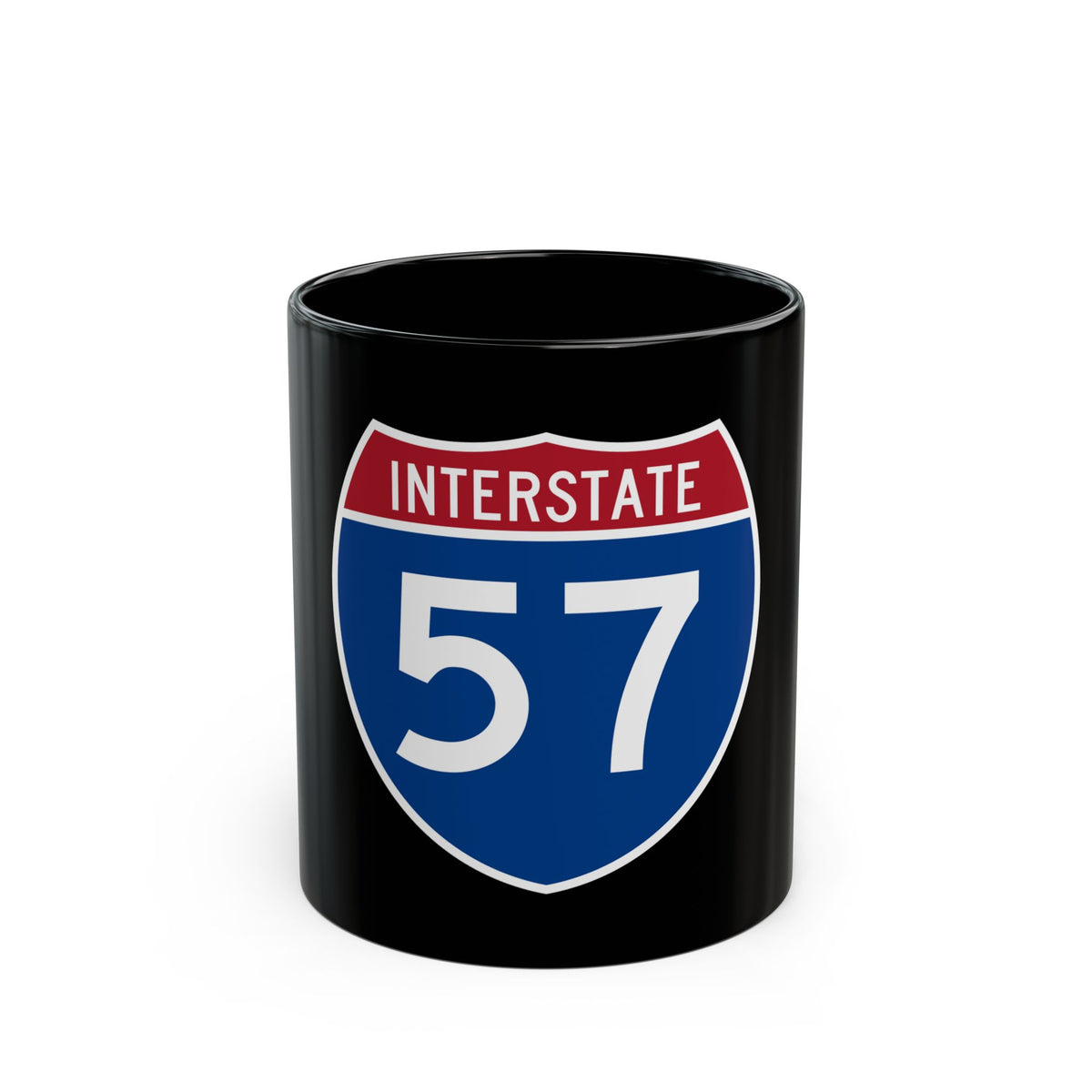 Navy and red Interstate 57 highway shield in flat style, reading INTERSTATE above a large white 57.
