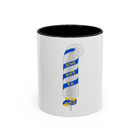 A white ostrich plume wrapped in spiralling blue ribbons with gold lettering and a gold bow at its base.