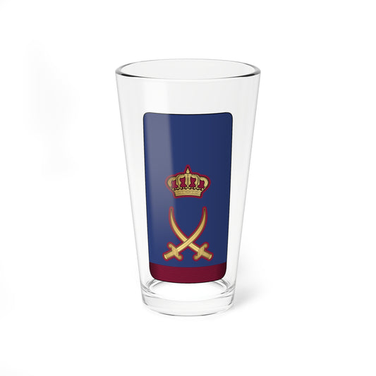 Navy tapered tab with a gold crown above two crossed gold scimitars outlined in crimson on a striped base.