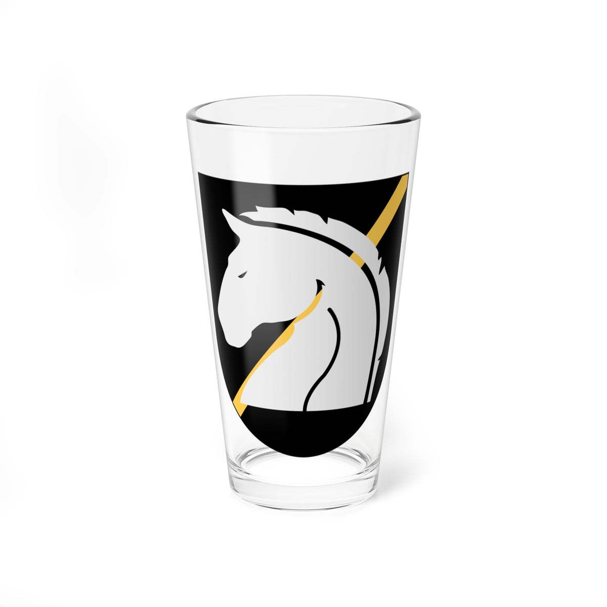 White unicorn-style horse head in profile with a gold horn and flowing mane on a solid black heraldic shield.