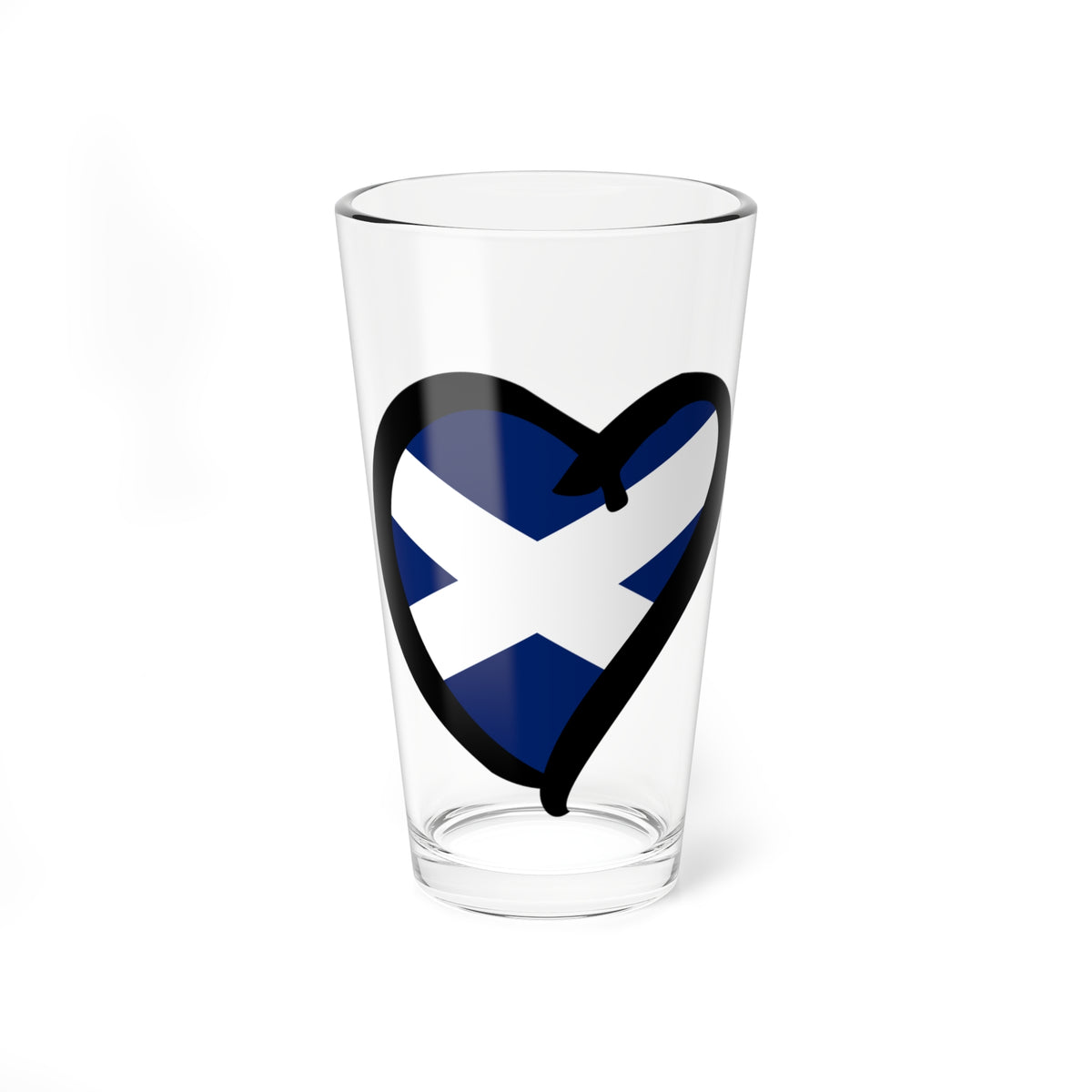 Navy and white Scottish saltire flag inside a black outlined heart shape on a white background.