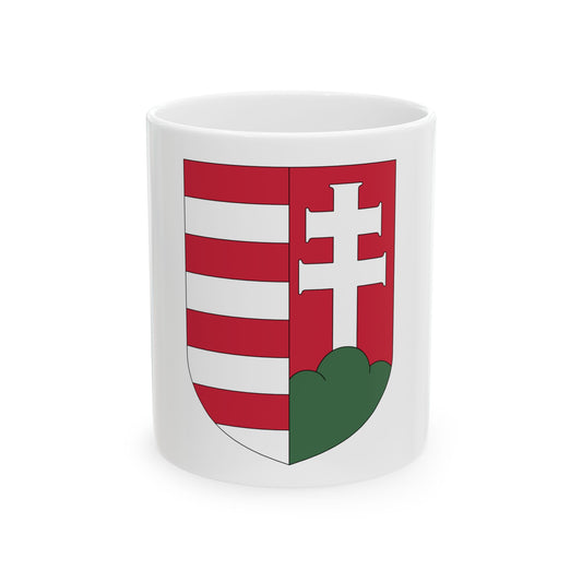 Flat red and white striped shield with a white double cross on red and a green mound at its base.