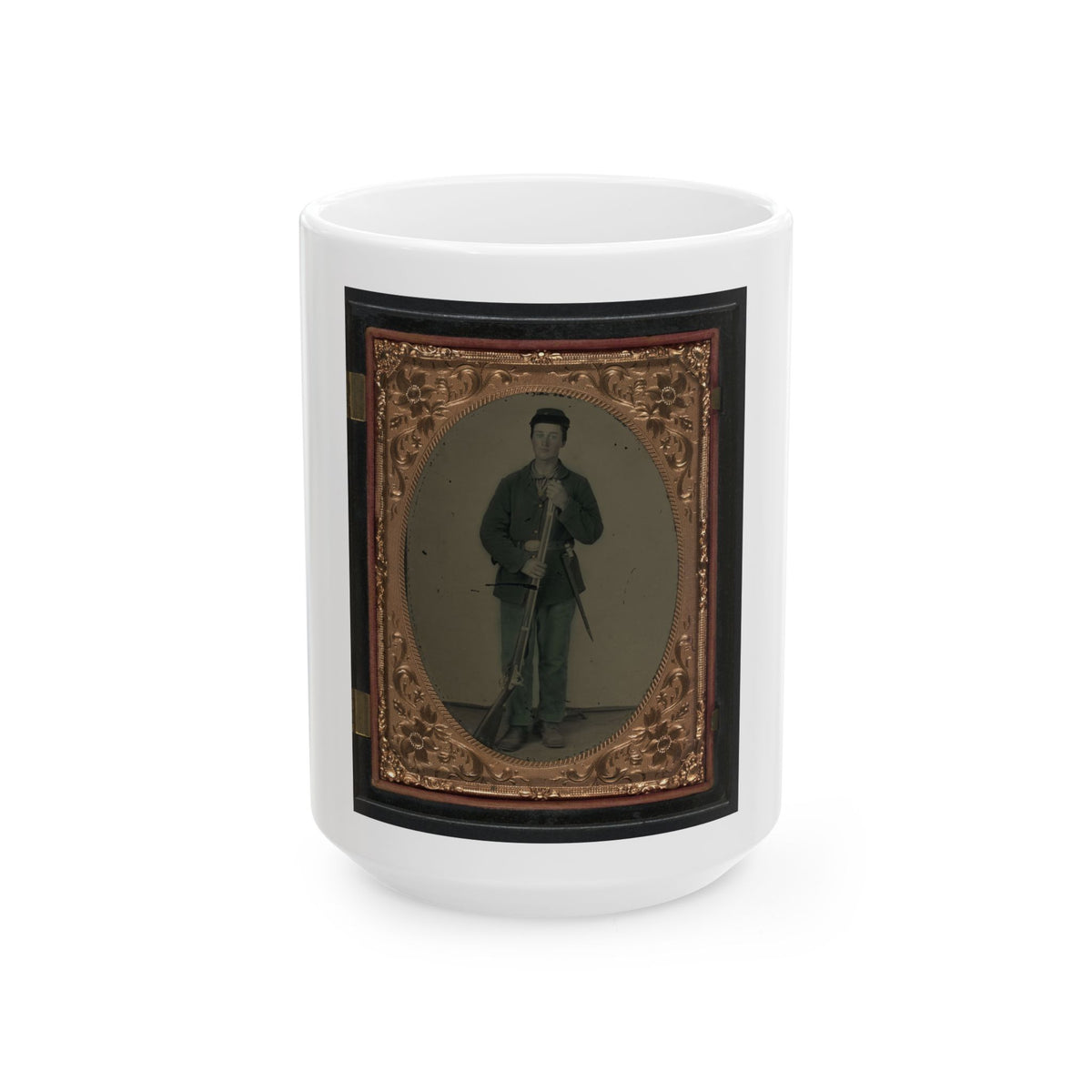 Unidentified Soldier In Union Sack Coat And Forage Hat With Cartridge Pouch, Bayonet Scabbard, And Musket (U.S. Civil War) White Coffee Mug