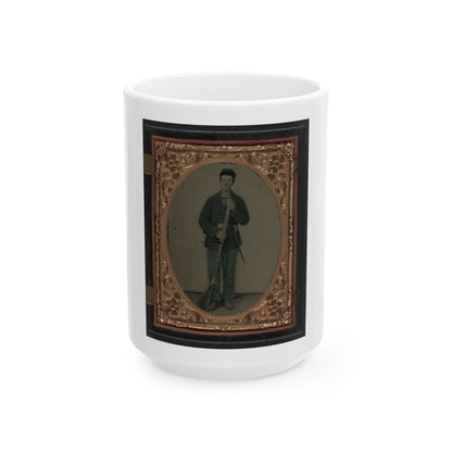 Unidentified Soldier In Union Sack Coat And Forage Hat With Cartridge Pouch, Bayonet Scabbard, And Musket (U.S. Civil War) White Coffee Mug