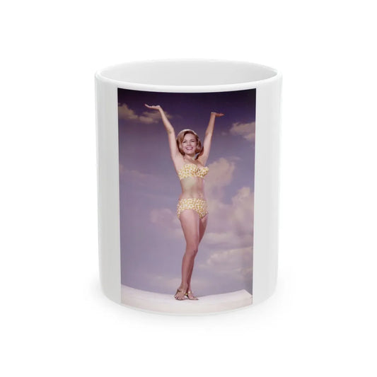 Terry Moore #742 - 1966 Color 2-Piece Swimsuit Cheesecake Photo in Open Gold Sandal Heels signed (Vintage Female Icon) White Coffee Mug-11oz-Go Mug Yourself