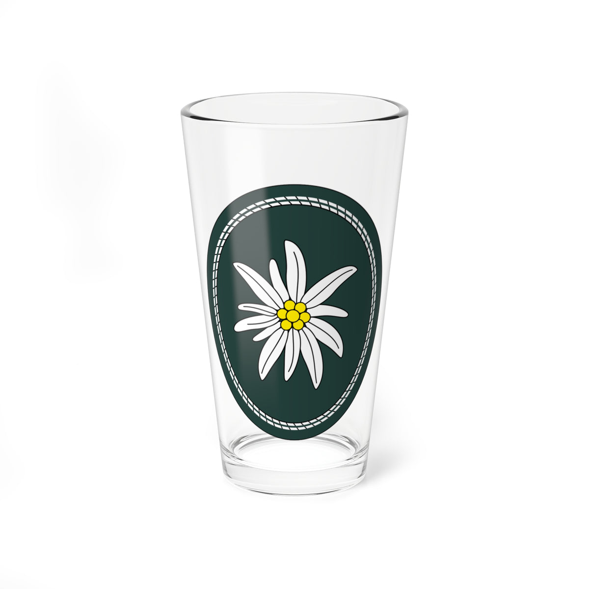 White edelweiss flower with a yellow centre on a dark green oval badge framed by a white rope-style border.