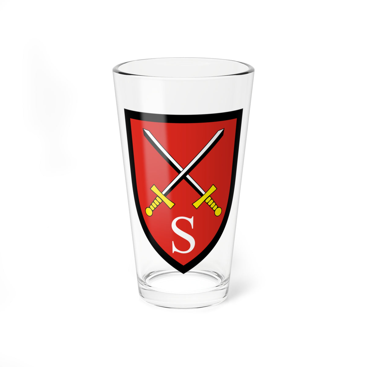 Flat red shield with a black border, two crossed yellow-hilted swords above a large white serif letter S.