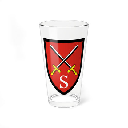 Flat red shield with a black border, two crossed yellow-hilted swords above a large white serif letter S.