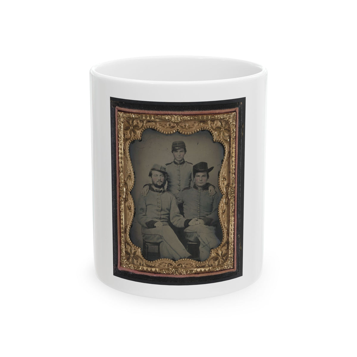 Three Unidentified Soldiers In Confederate Artillerymen Uniforms (U.S. Civil War) White Coffee Mug